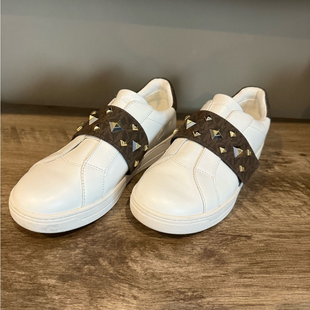 Michael Kors White and Brown Sneakers with Gold Accents